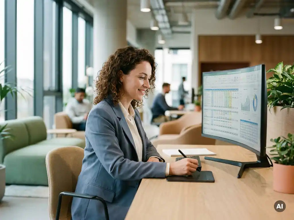Steuerberater am modernen Schreibtisch analysiert Finanzdaten auf großem Monitor in hellem Büro mit Fensterfronten.