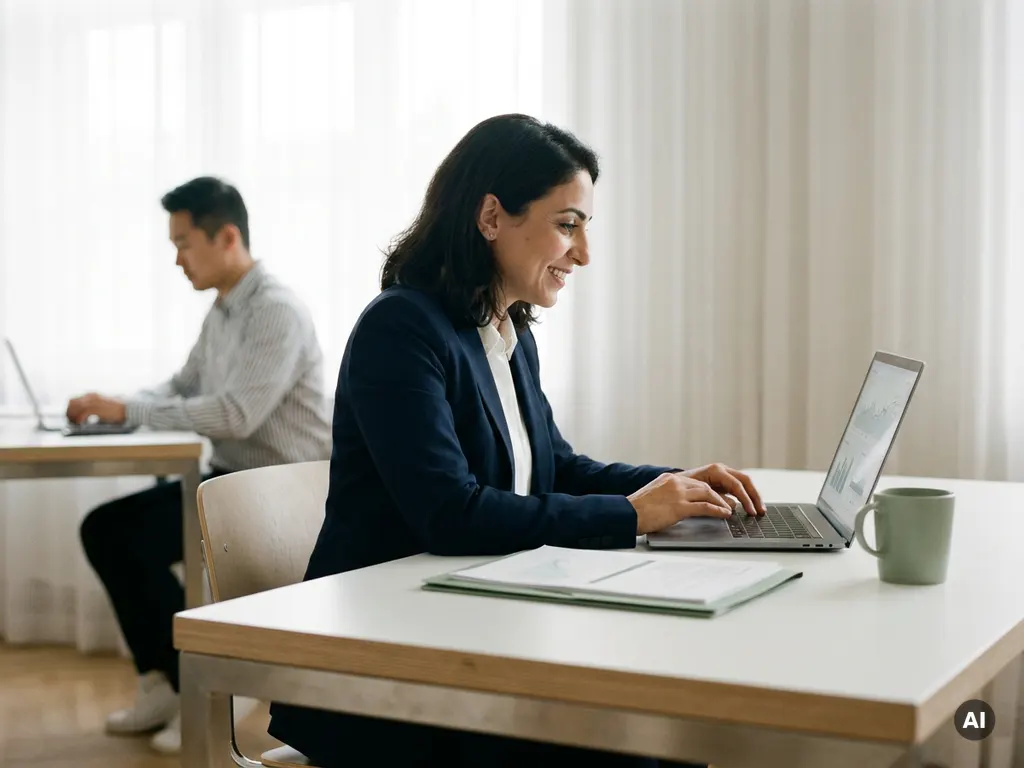 Steuerberaterin mittleren Alters analysiert Finanzdaten auf Laptop, Kollege arbeitet im Hintergrund, modernes Büro mit natürlichem Licht.