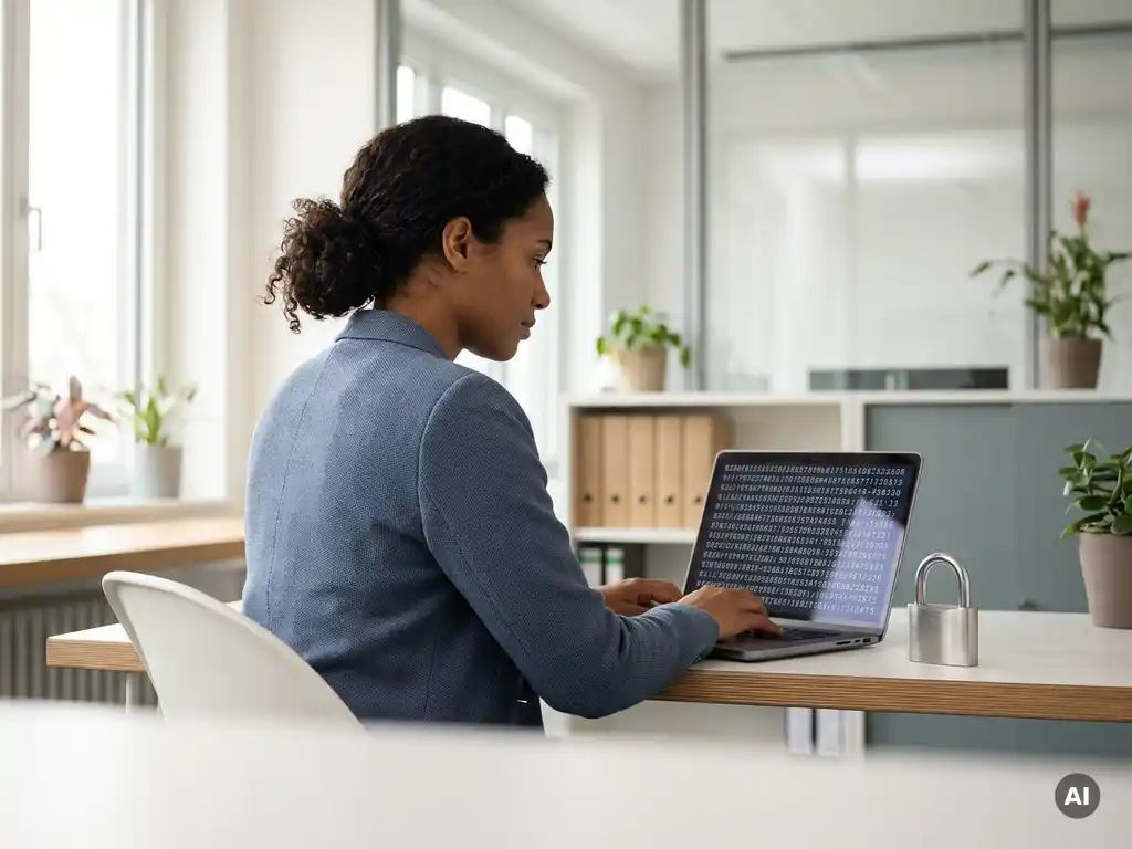 Frau prüft verschlüsselte Finanzdaten auf Laptop in modernem deutschem Steuerbüro mit ruhiger, vertrauenswürdiger Atmosphäre.
