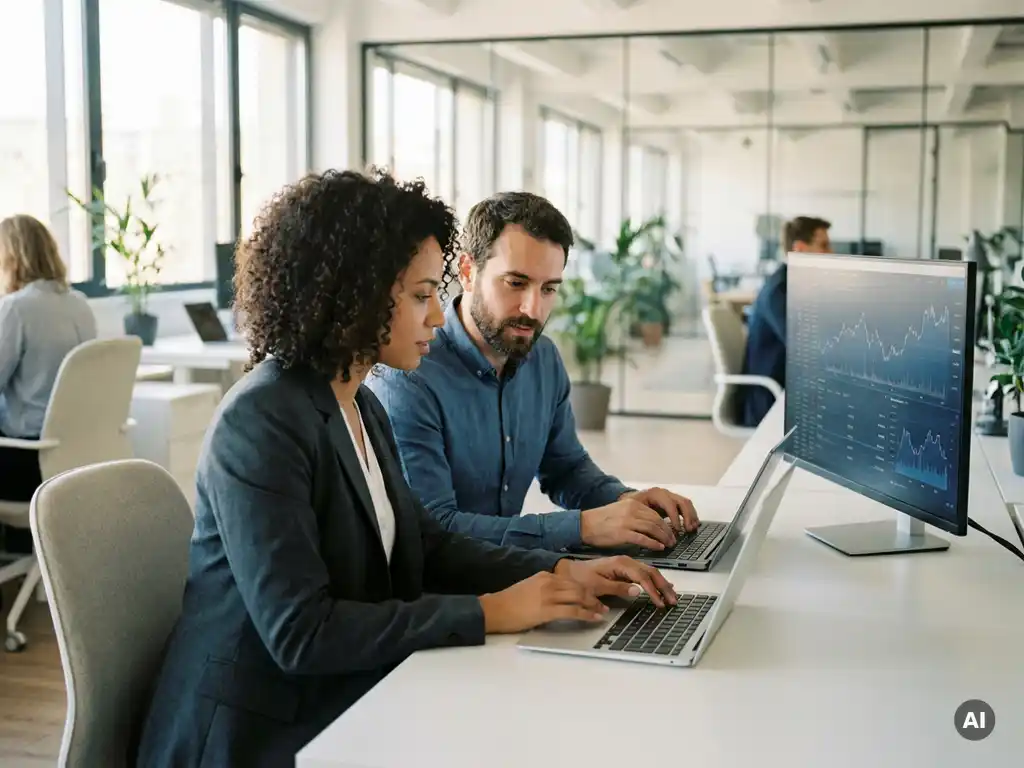 Frau und Mann arbeiten gemeinsam an Laptops mit Finanzdashboard in modernem Steuerberatungsbüro bei Tageslicht.