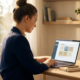 Junge Frau südostasiatischer Herkunft arbeitet an Steuersoftware auf dem Laptop an einem aufgeräumten modernen Schreibtisch.