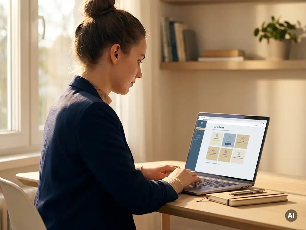 Junge Frau südostasiatischer Herkunft arbeitet an Steuersoftware auf dem Laptop an einem aufgeräumten modernen Schreibtisch.