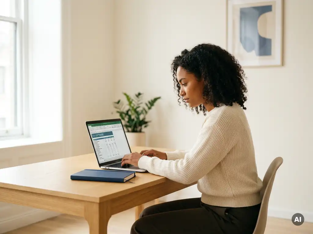 Junge Frau arbeitet konzentriert am Laptop mit Steuersoftware an einem modernen Schreibtisch im hellen Büro.